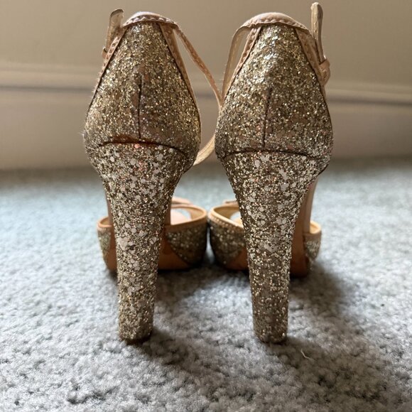 Miu Miu Gold Glitter Strappy Open Toe Heels - Picture 2 of 7